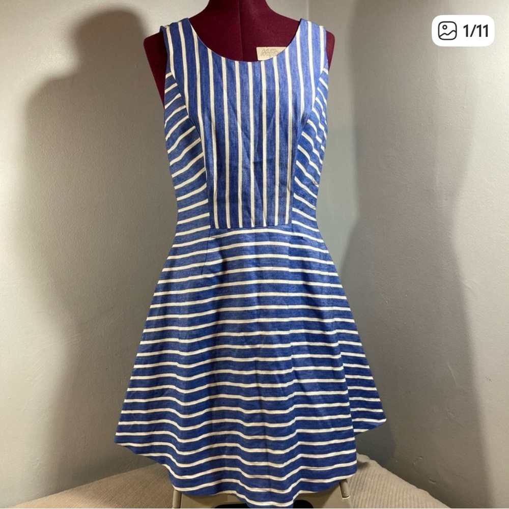 Vineyard Vines Linen Cotton Blend Fit & Flare Dress Blue White Striped
